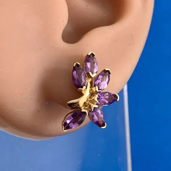 Designer TK 14K Yellow Gold Marquise Amethyst Floral Statement Stud Earrings